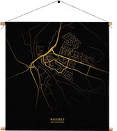 Textielposter Hasselt Plattegrond Zwart Geel Vierkant XL (60 X 60 CM) - Wandkleed - Wanddoek - Wanddecoratie