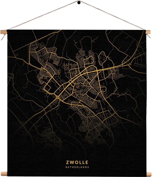 Textielposter Zwolle Plattegrond Zwart Geel Vierkant CM) - Wandkleed - Wanddoek - Wanddecoratie