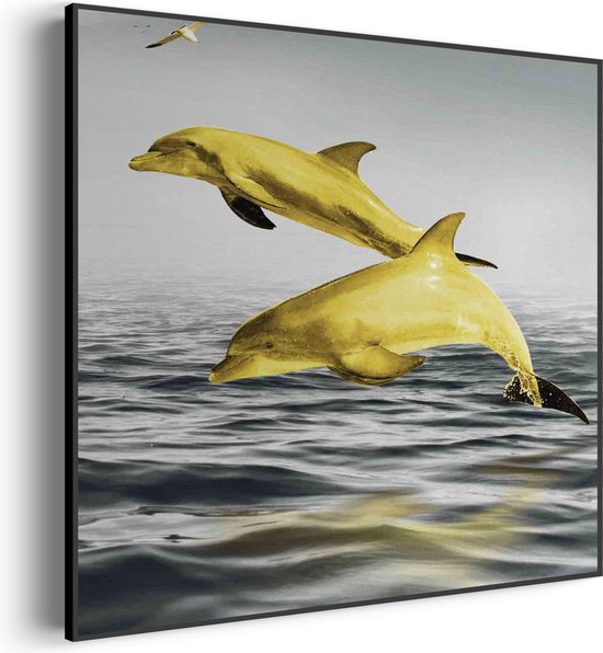 Akoestisch Schilderij Springende Dolfijnen Goud 01 Vierkant Pro XXL (140 X 140 CM) - Akoestisch paneel - Akoestische Panelen - Akoestische wanddecoratie - Akoestisch wandpaneel