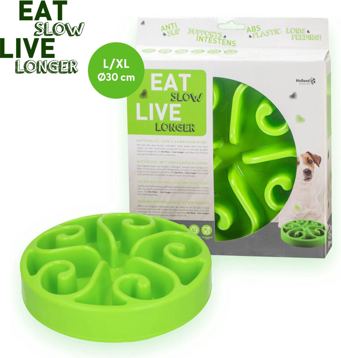 Eat Slow Live Longer Original Voerbak – anti-schrok voerbak – Slowfeeder voor honden – Anti-slip – Groen – Ø30 cm - Large/Extra Large – Geschikt voor de grotere hond