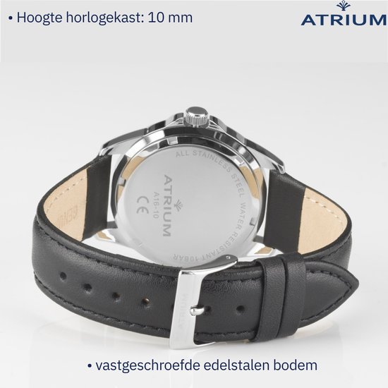 Montre ATRIUM - Homme - Couleur Argent - 10 bar - Cuir Zwart (16,5 à 21,5 cm) - Cadran Wit - Date - Acier inoxydable - A16-10