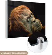 MuchoWow® Glasschilderij 40x30 cm - Schilderij acrylglas - Een orang-oetan tegen een zwarte achtergrond - Foto op glas - Schilderijen