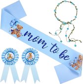 Ensemble de baby shower 4 pièces avec ceinture, 2 rosaces et couronne de fleurs Mom et papa futurs ours bleu - baby shower - révélation du genre