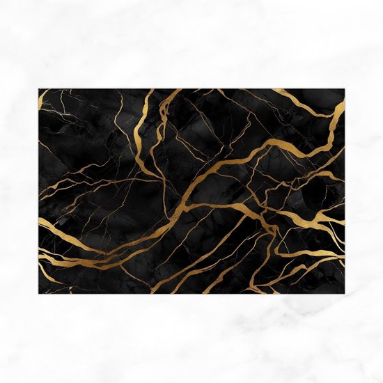 De Muurdecoratie - Glasschilderij - Zwarte Marmer Met Gouden Lijnen - 90x60 cm - Kunst - Abstract Schilderij - Plexiglas Schilderijen Zwart Goud - Slaapkamer Decoratie