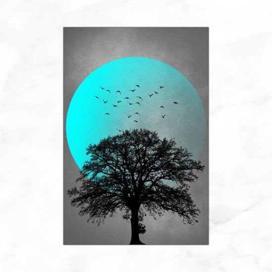 De Muurdecoratie - Glassschilderij - Bomen En Vogels Met Blauwe Zon - Acrylglas - 40x60 cm - Kunst - Bomen - Zon