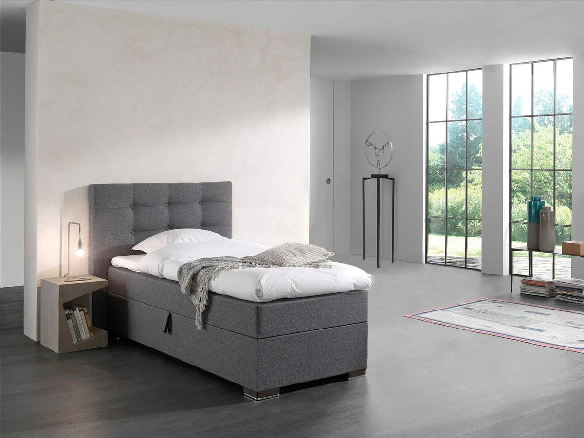 Boxspring met Opbergruimte malaga 90x200cm- grijs stof- Compleet bed met opbergruimte- topper 8cm dik- zetelsenbedden
