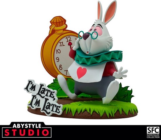 Witte konijn met bril, vest met hart, naast een gele zakhorloge en een bordje 'I'm late, I'm late'.