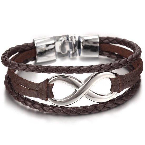 Leren Armband - Bruin Leer met Stalen Infinity Hanger - Armbanden Heren Dames - Cadeau voor Man - Mannen Cadeautjes