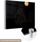 MuchoWow® Glasschilderij 80x60 cm - Schilderij acrylglas - Vrouw - Hoed - Maan - Line art - Foto op glas - Schilderijen