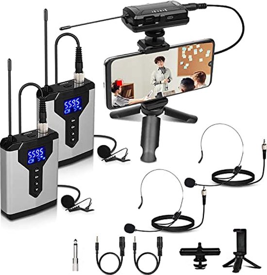 Foto: Q7 2 twee microfono lavalier wireless con microfono a risvolto con bodypack ricaricabile e microfono senza fili con ricevitore per fotocamere reflex