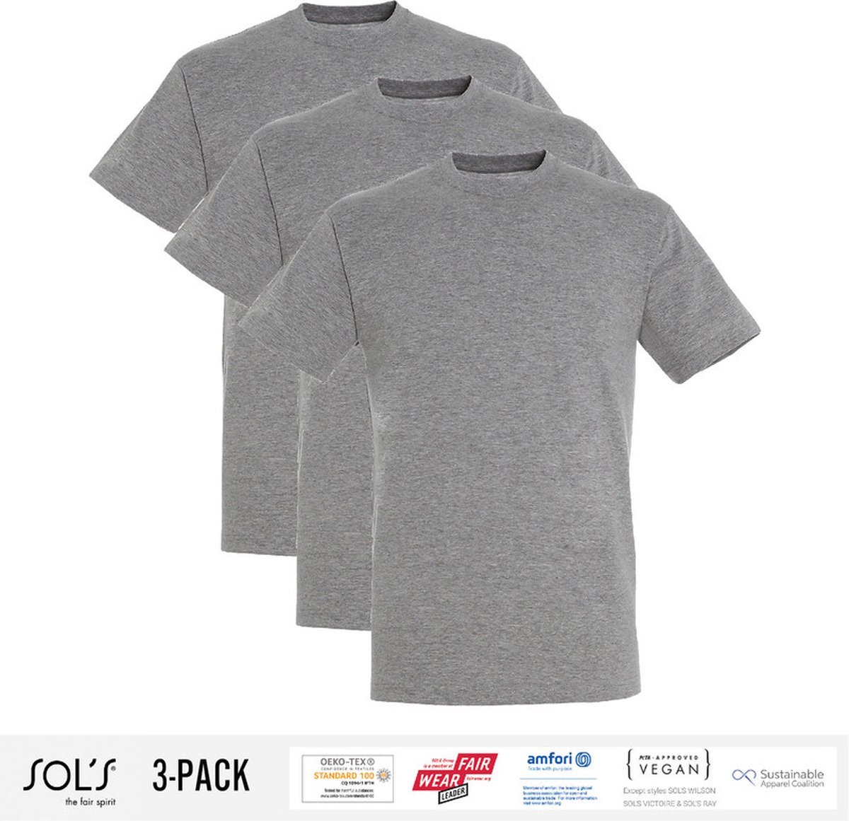 Lot de T-Shirt Homme Sol's 100% coton biologique Col rond Grijs