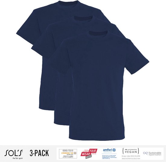 3 Pack Sol's Heren T-Shirt 100% biologisch katoen Ronde hals Navy Blue Maat S
