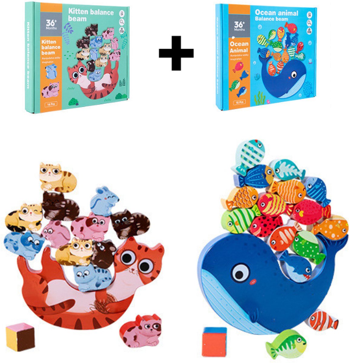 Houten Balansspel Kat & Walvis 2 Sets Deal- Stapel Blokken - Houten speelgoed Montessori- Houten blokken - 2 Sets