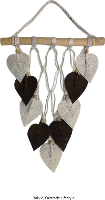 Balivie - Wanddecoratie - Woonslinger - Macramé hanger - Gestijfd katoen bladvormige hangers - Twee kleuren, wit en bruin - breedte 40 cm - lengte 50 cm - Dikte 2 cm.