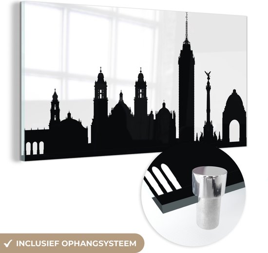 MuchoWow® Glasschilderij 80x40 cm - Schilderij acrylglas - Een zwart-wit illustratie van Mexico-stad - Foto op glas - Schilderijen
