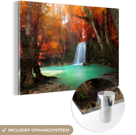MuchoWow® Glasschilderij 60x40 cm - Schilderij acrylglas - Erawan Cascade Waterfall, Thailand - Foto op glas - Schilderijen