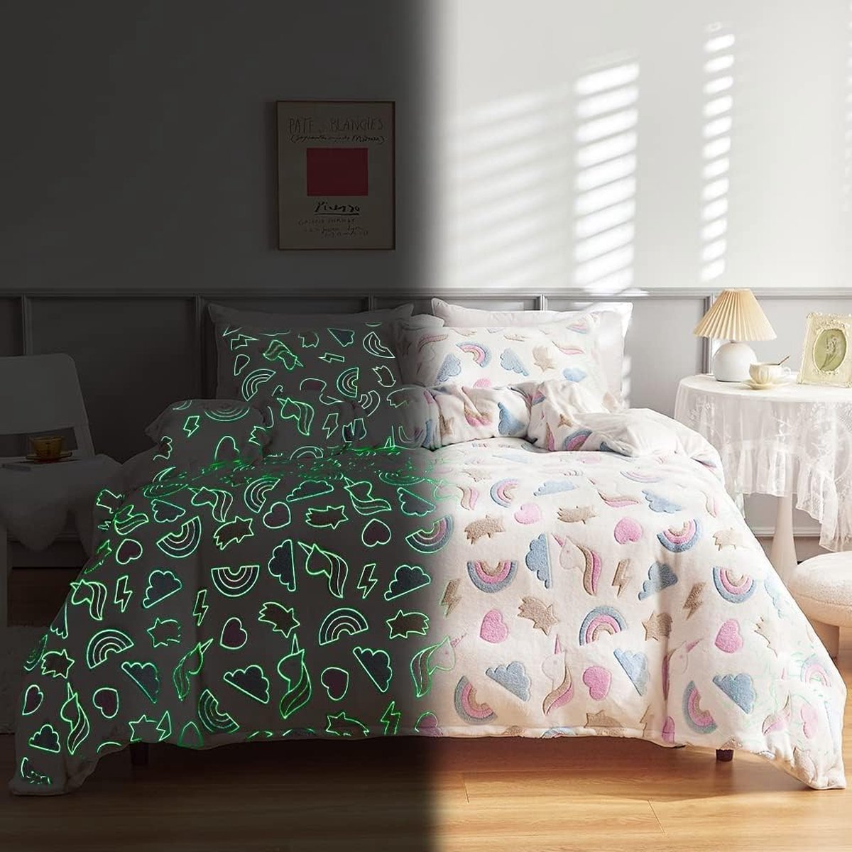 Unyqoos Flanellen beddengoed 135 x 200 cm Roze Wit Regenboog Glow in the Dark Kinder Winter Beddengoed Fluweel Flanel Kasjmier Touch Pluizige Dekbedovertrek met Rits en 1 Kussensloop 80 x 80 cm. multi