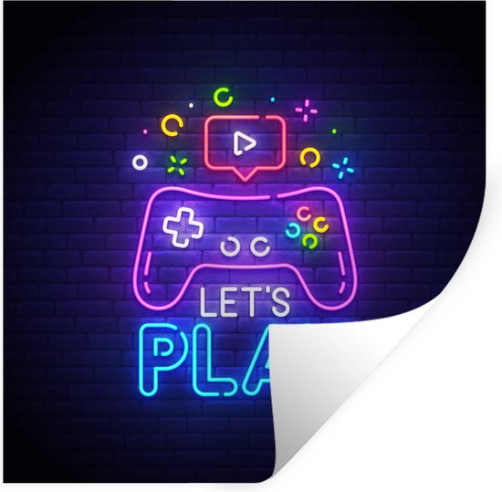 Muurstickers - Sticker Folie - Gaming - Neon - Let's Play - Controller - Quotes - 100x100 cm - Plakfolie - Muurstickers Kinderkamer - Zelfklevend Behang XXL - Zelfklevend behangpapier - Stickerfolie