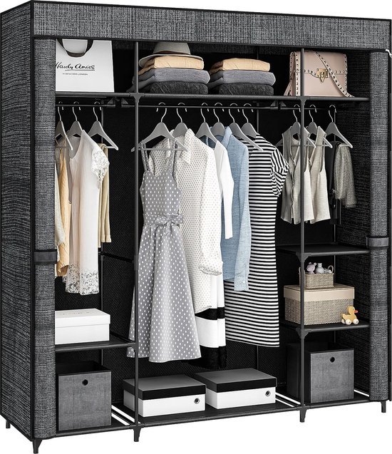 Hoekkast, stoffen kast, hoekkast, kleedkamer, stofdicht, kledingkast, stoffen kast, organizer voor kleding met 2 hangende rails (zwart, 169 x 129 x 87 cm
