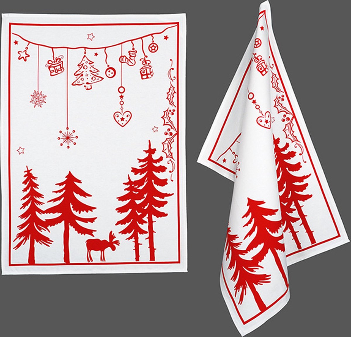 Theedoeken - Kerst - Set van 2 - Rood - Wit - Rendier - Hert - Dennebomen - 50 x 70 cm