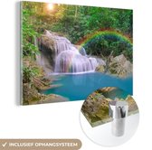 MuchoWow® Glasschilderij 30x20 cm - Schilderij acrylglas - Regenboog - Zon - Waterval - Natuur - Foto op glas - Schilderijen
