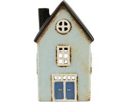 Ib Laursen - Keramieken Huisje - Lichtblauw met dubbele deur en zwart dak - Waxinelichthouder