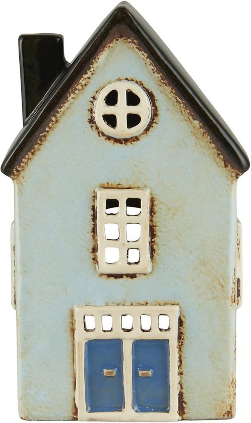 Ib Laursen - Keramieken Huisje - Lichtblauw met dubbele deur en zwart dak - Waxinelichthouder