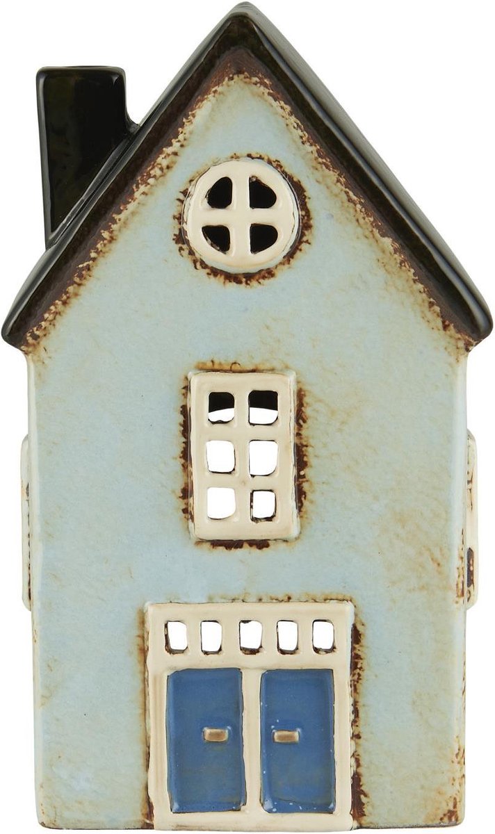 Ib Laursen Keramieken Huisje Lichtblauw met dubbele deur en zwart dak Waxinelichthouder