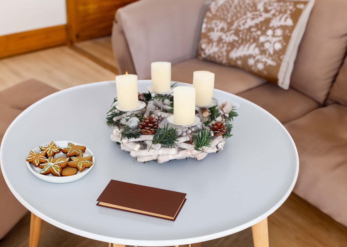 Cosmo Casa Adventskrans - Handgemaakte Elegantie - Feestelijke Sfeer - Populier - Metaal - Zilver Wit - Ø 30cm - Zonder Kaarsen – foto 2