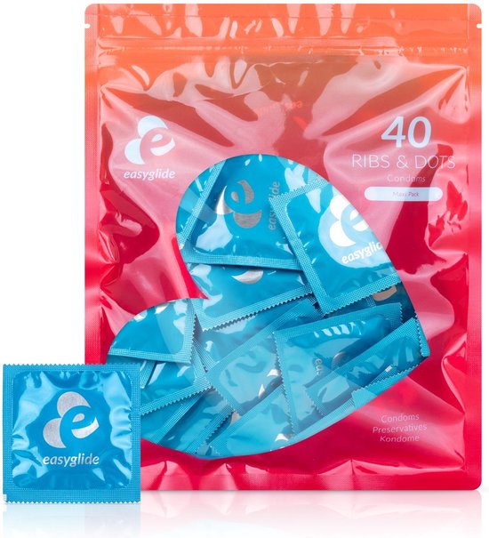 Oranje en roze EasyGlide verpakking met een hartvormige opening vol met 40 blauwe condooms.