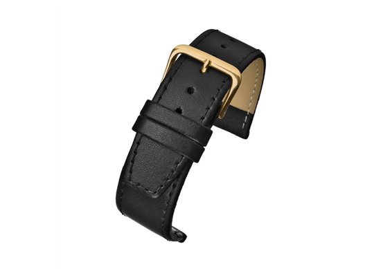 Horlogeband-horlogebandje-12mm-zwart-gestikt-echt leer-plat- goudkleurige gesp-leer-12 mm