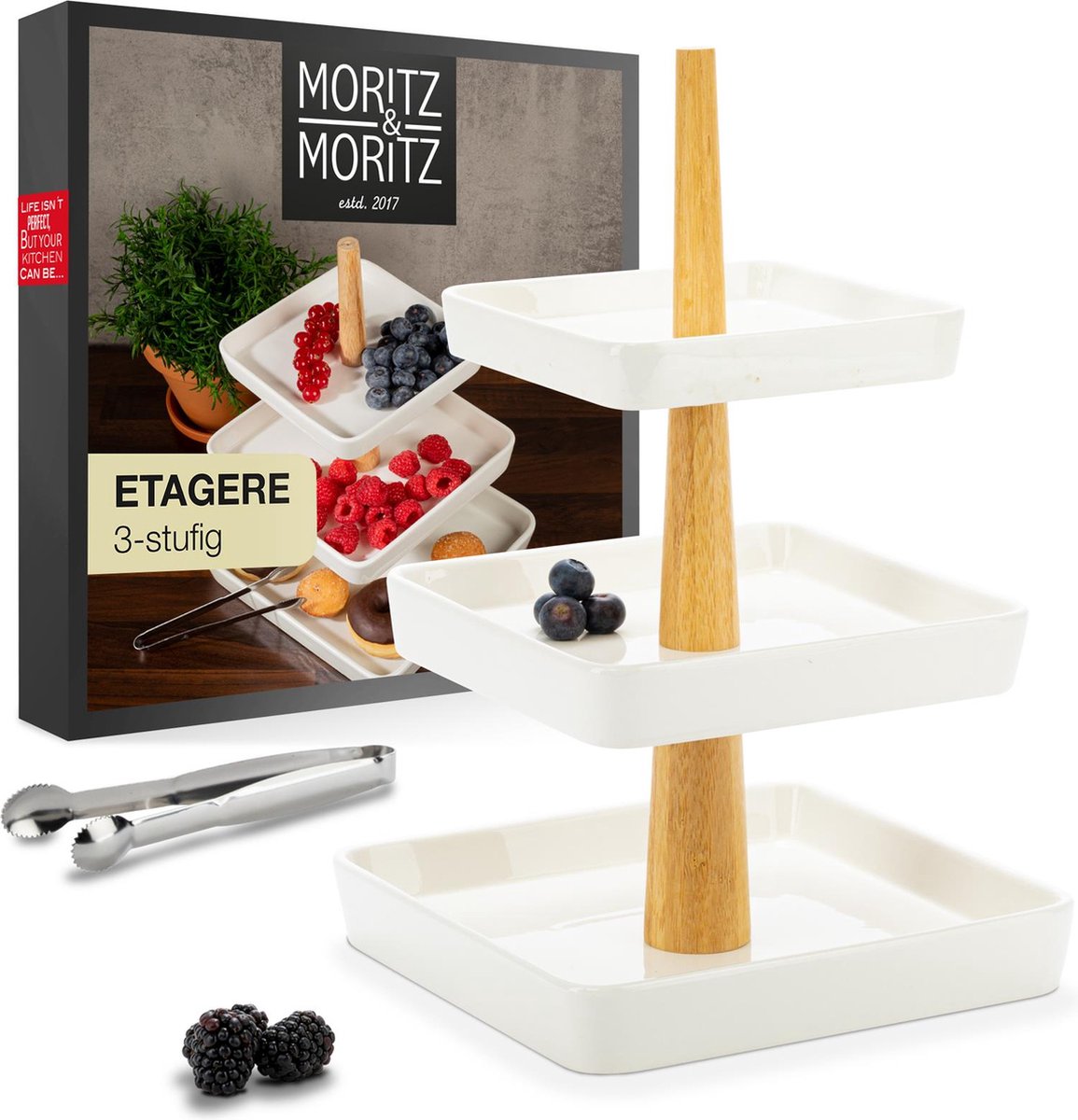 Fruitetagère 3 Etages - Incl. Tang - Van Hoogwaardig Porselein Moderne Keukendecoratie Of Feestdecoratie Perfect Als Fruitschaal Voor Het Bewaren Van Fruit Muffins En Cupcakes