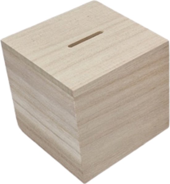 Houten spaarpot met een sleuf aan de bovenkant.