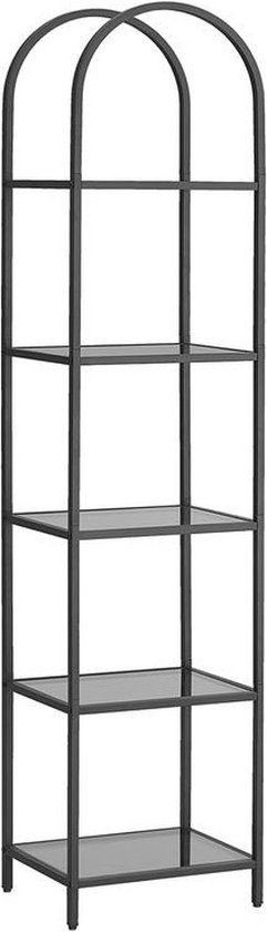 Boekenkast - Opbergrek - 5 niveaus - Glazen planken - Smal - Zwart