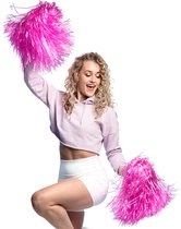 Boland Cheerballs/pompoms - 2x - roze - met franjes en ring handgreep - 28 cm - voor cheerleaders