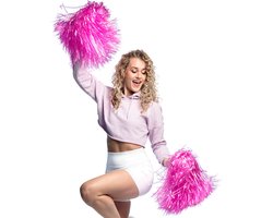 Boland Cheerballs/pompoms - 2x - roze - met franjes en ring handgreep - 28 cm - voor cheerleaders