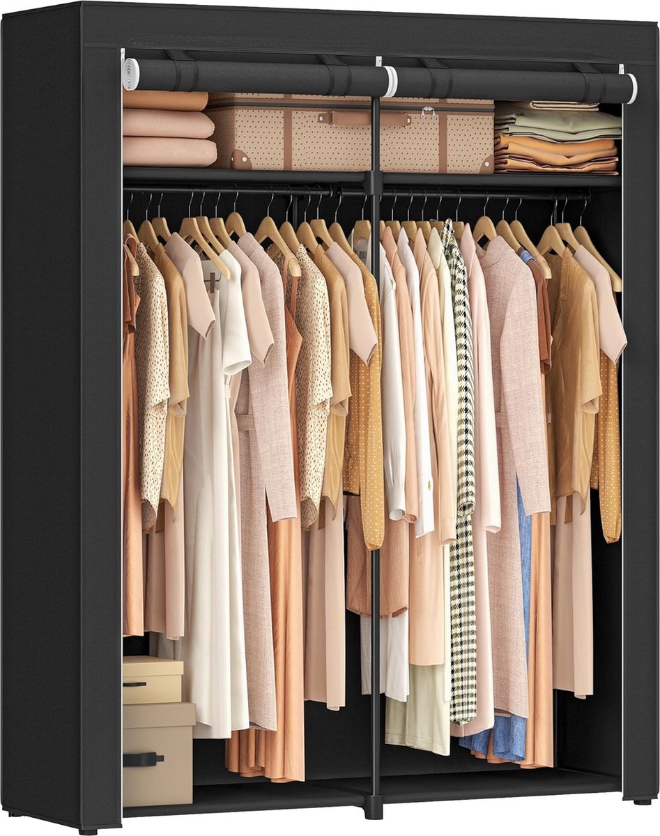 Garderobe, garderobe met 2 kledingrails, opbergruimte voor kleding, linnenkast, kapstok, opvouwbaar, kleedkamer, slaapkamer, 140 x 43 x 174 cm, zwart RYG02BK