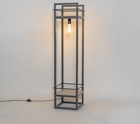 QAZQA cage fltl - Lampadaire Industriel | Lampadaire - 1 lumière - H 130 cm - Zwart - Industriel - Salon | Chambre à coucher | Cuisine
