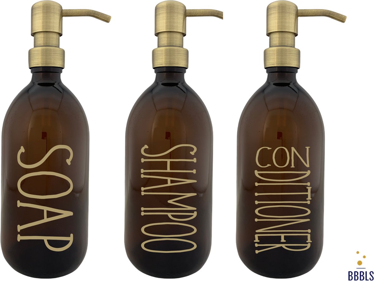 BBBLS Design Dispenser Giftset "Soap Shampoo Conditioner" | Bruin Glas | 500ml | RVS / Metaal Pomp Goud | Zeeppomp | Zeepdispenser | Zeephouder