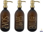 500ml-Am-Go-Go-Soap-con-sham-set. Set van 3 Hervulbare Zeepdispensers: Bruine Glasflessen (500 ml) met Gouden Pomp en Gouden Tekst '-Shampoo conditioner soap