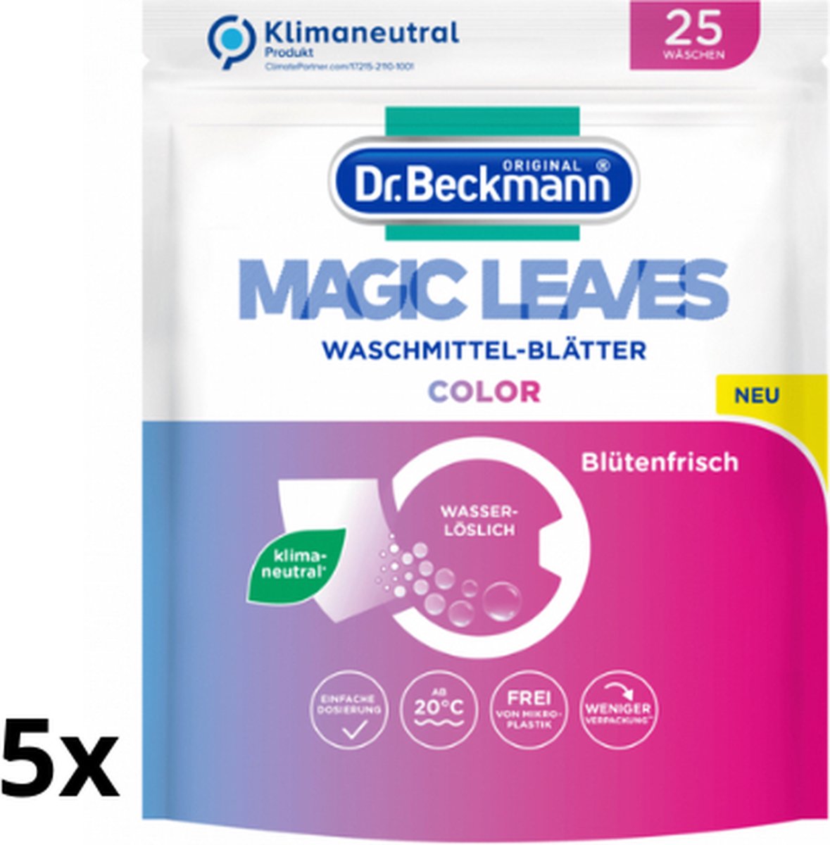 5x Dr. Beckmann Magic Leaves Color - 5x 25 wasvellen - 125 wasbeurten - Wasmiddel bladen - Milieuvriendelijk