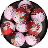 Inge Christmas Goods Gedecoreerde kerstballen - 9x st - rood met kerst print - 6 cm - kunststof