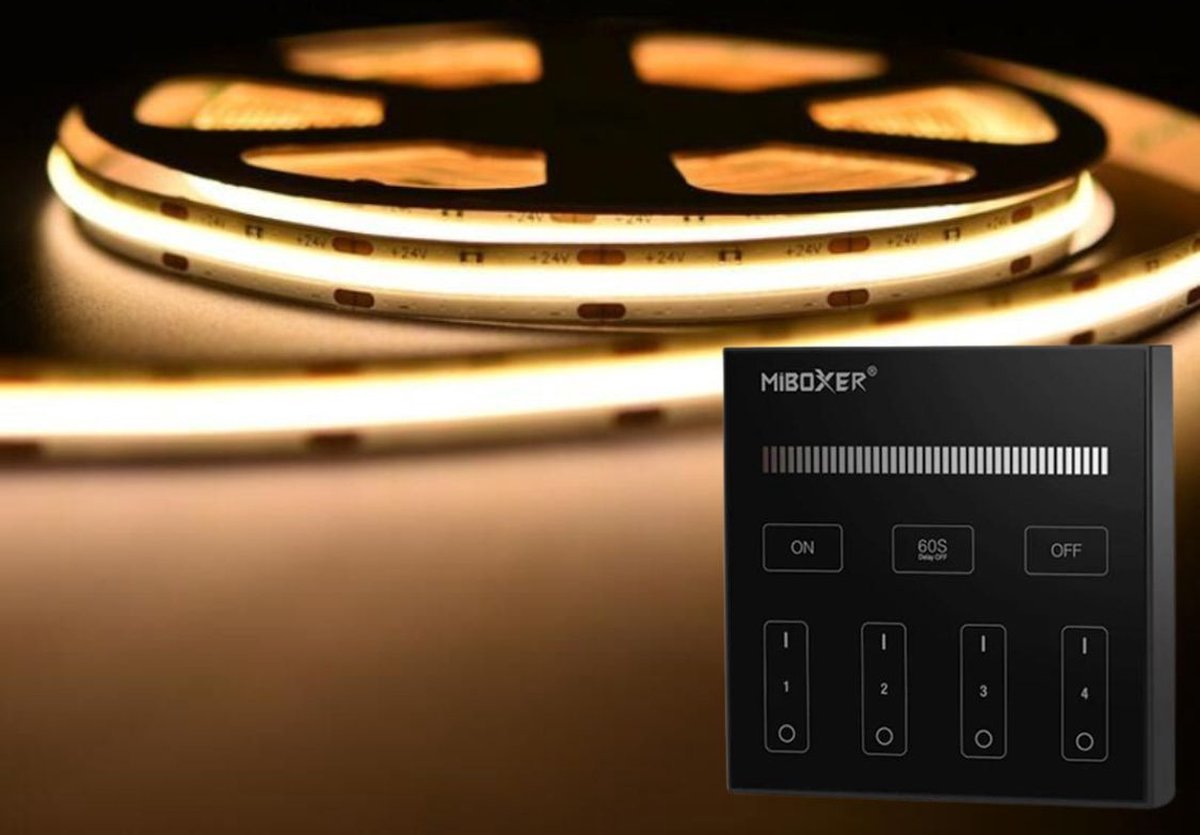 LED Strip COB - 10 Meter - Complete Set - 2700k - Warm Wit - 24V - 480LED/m - Met Draadloze Mi-Light(MiBoxer) Touch Wandbediening(Zwart)