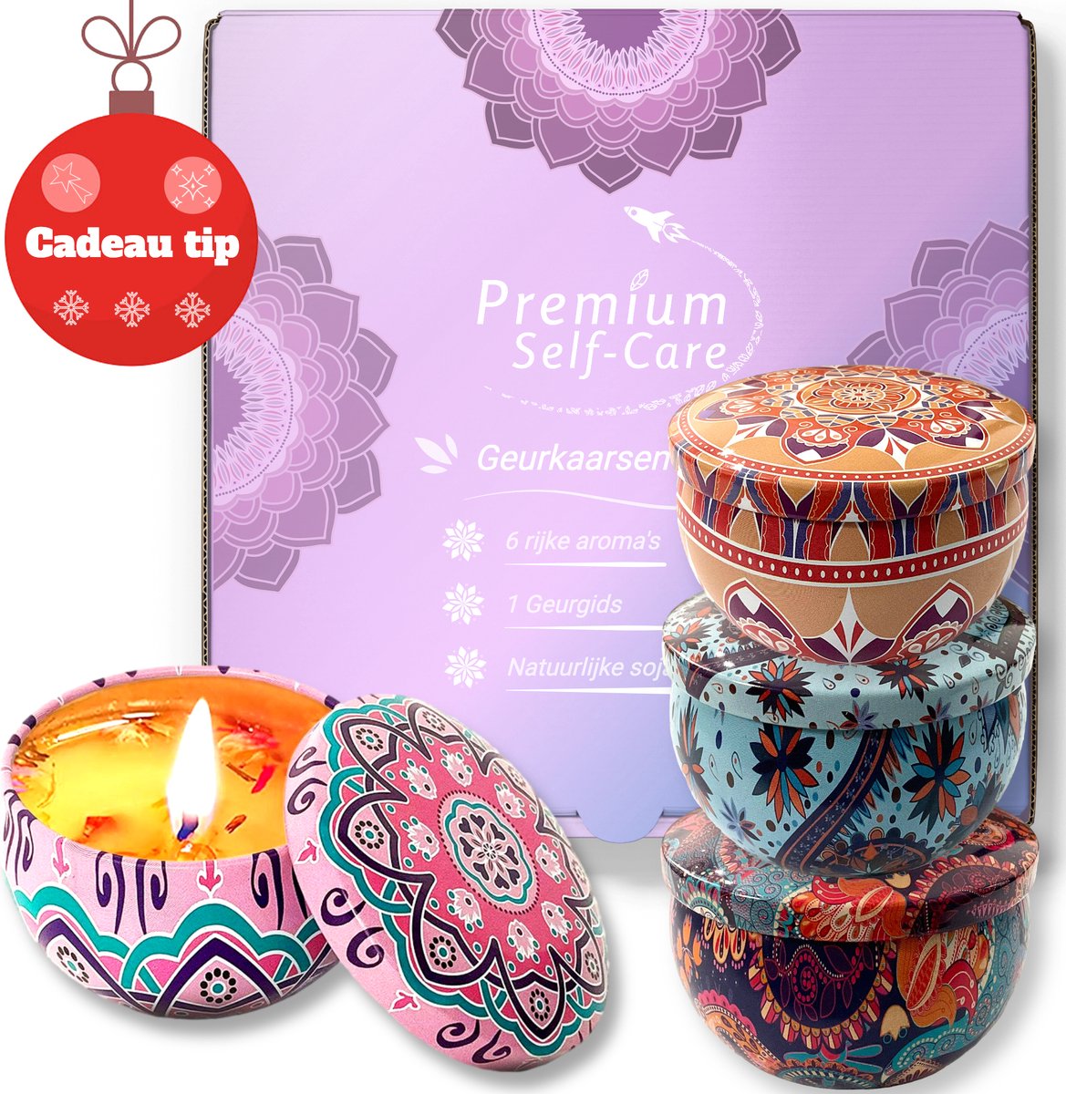 Premium Self-Care 6-delige geurkaarsen set- Geschenkset- Kaarsen- Aromatherapie- Theelichtjes- Kaarsenhouder Giftset Cadeauset vrouw
