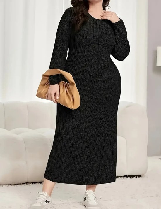 Sexy corrigerende warme geplisseerde stretch trui jurk zwart lang plus size grote maat 4XL EU 50/52