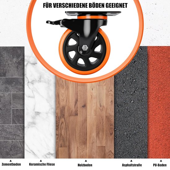 uyoyous 4 stuks industriële wielen met plaat, 150 mm, zware wielen met rem, 360° draaibaar, zwenkwiel, transportwielen met schroefdraad, massief rubber, wielen, luchtbanden, draagkracht - (2 vaste