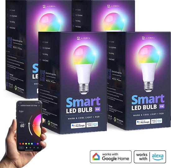 Lideka® - Vierdelige Set Slimme E27 9W LED Lampen - RGBW - App-Gestuurd -  Variabele