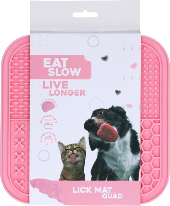 Eat Slow Live Longer Likmat Kwartet - 20 x 20 cm - Snuffelmat - Anti-schrok Mat - Slowfeeder - 100% Siliconen - Vaatwasserbestendig - Roze