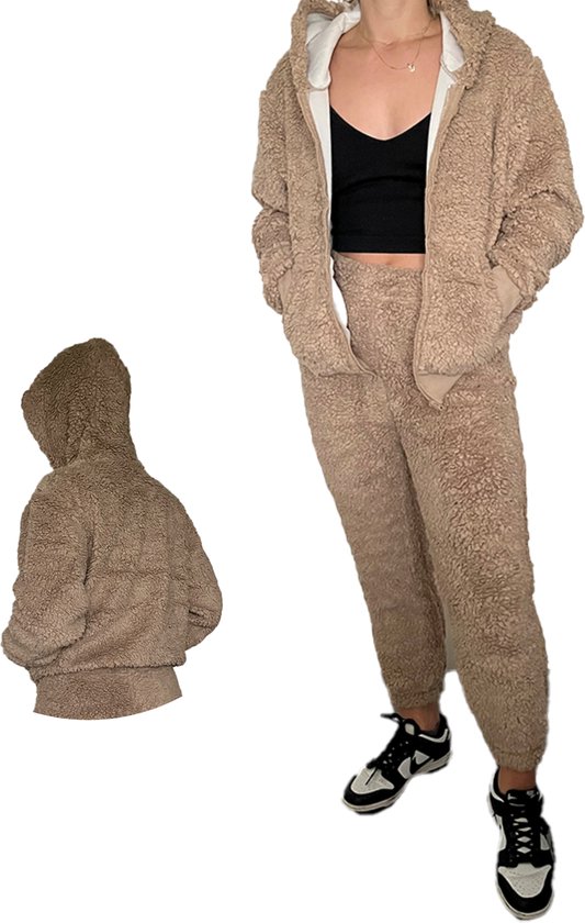 Licht bruin - Huispak - Teddy - Met Capuchon - Fleece - [ Maat 40-42 ] - Dames - Joggingpak - Gewatteerd - Fleece vest & Fleece broek - Setje voor volwassenen - Cadeau voor vrouw - Fluffy en Warm