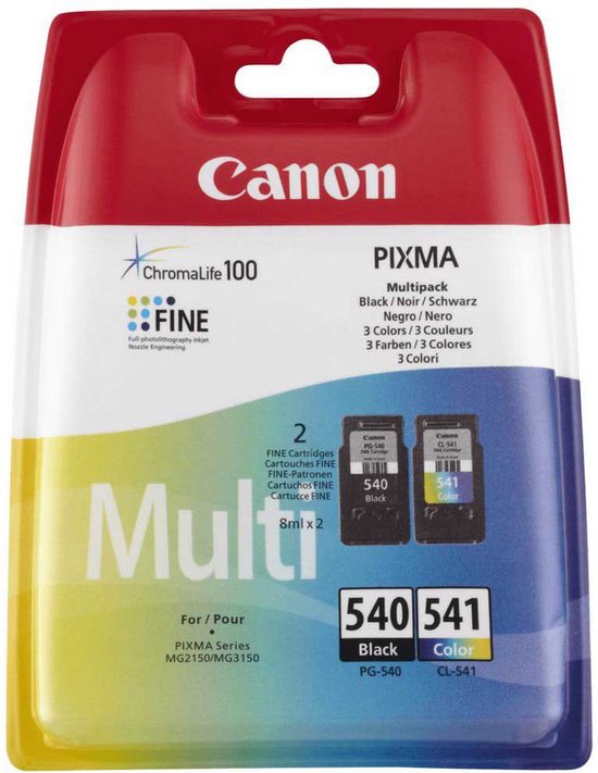 Canon Pixma multipack met 2 inktcartridges: PG-540 Zwart en CL-541 Kleur. "ChromaLife 100" FINE inkt.